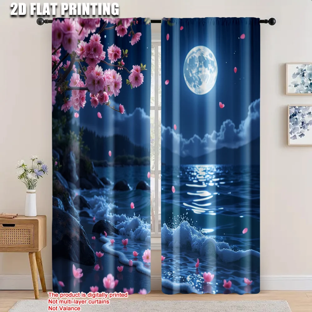 2pcs, 2D flat printing Curtain Sakura Moon Versatile Durable Polyester,Without Electricity summer party decorations for Carnival