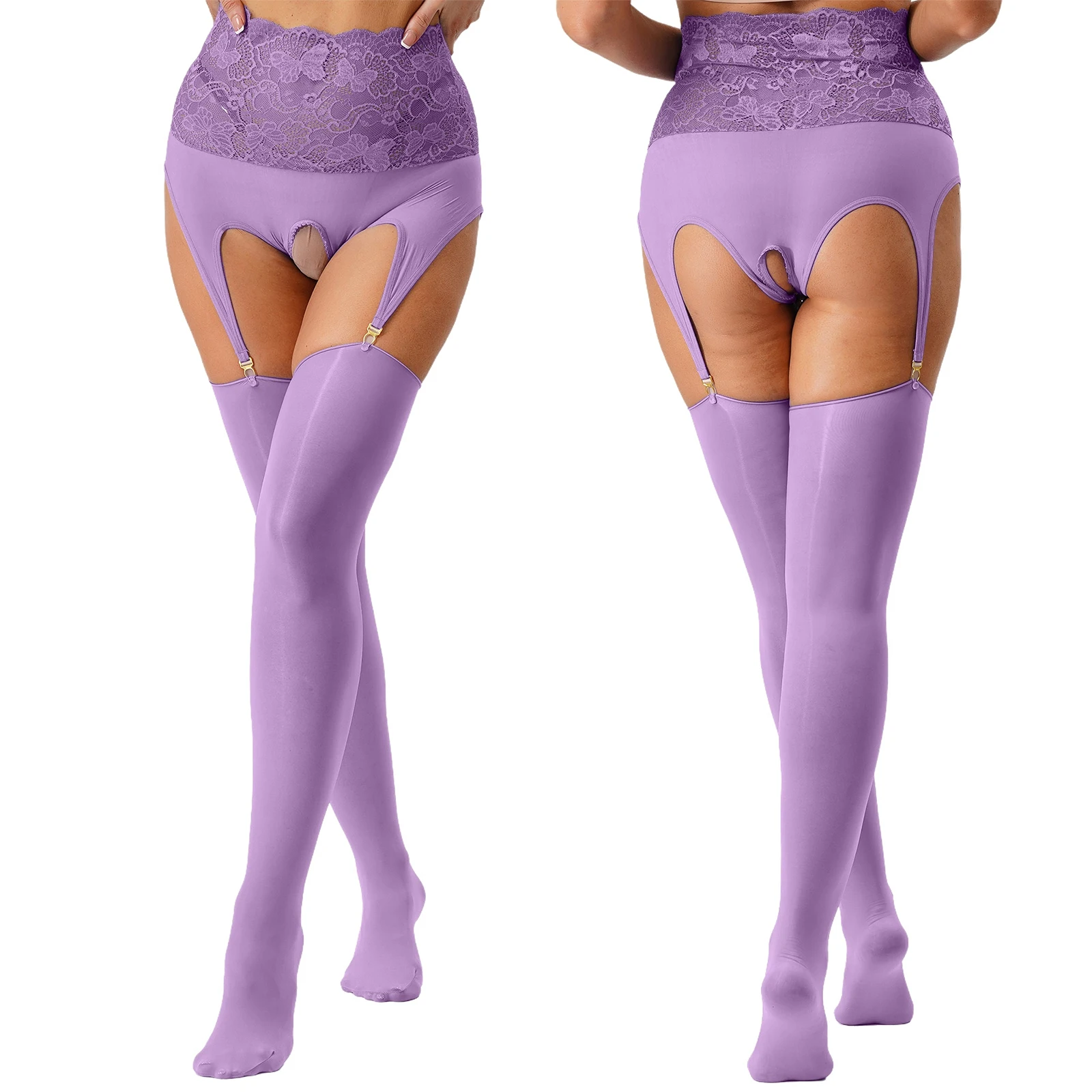 

Adult Women Purple Lace Pantyhose Leggings High Waist Open Butt Lingerie Garter with Stockings Tights for Temptation Nightwear