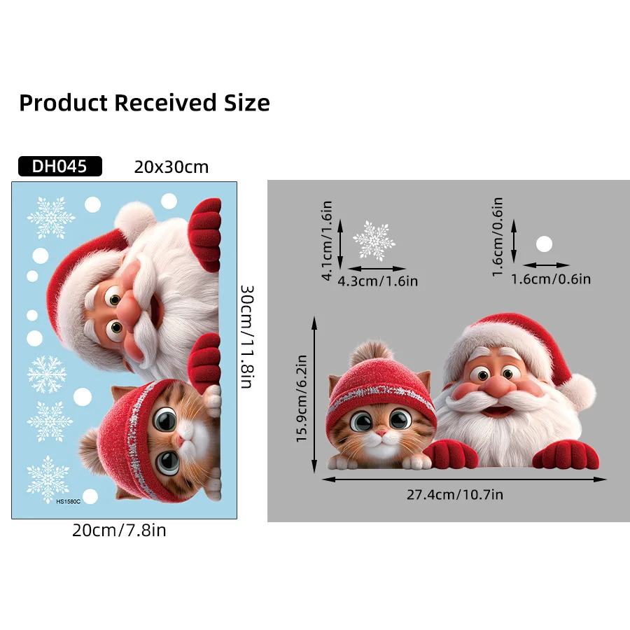 Kitten and Santa Claus 3D Visual Anime Electrostatic Stickers Home Decoration Store Window Glass Stickers 20x30CM