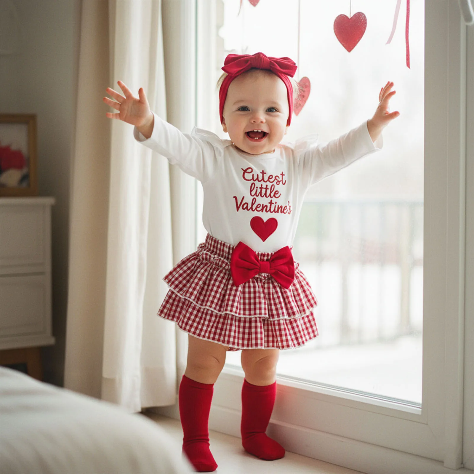 Baby Girls Valentine's Day Outfit Long Sleeve Letter Embroidery Romper Shorts Headband Socks Set Lovely Infant Clothes Set