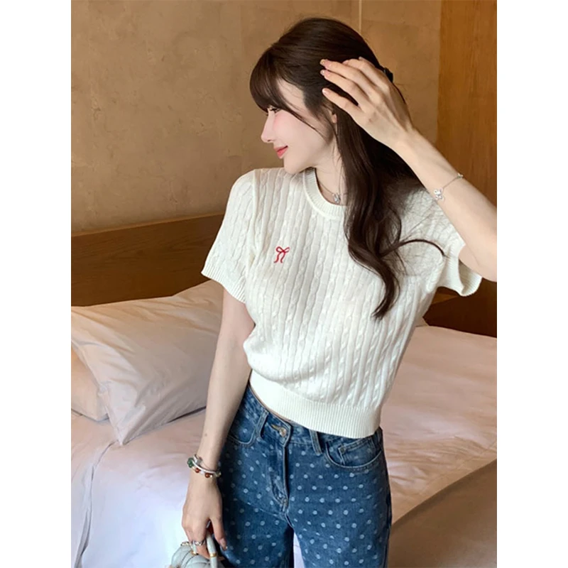 

Вязаный топ в стиле ретро с бантом, круглый вырез, для женщин, летний, новый, в стиле колледж, омолаживающий, универсальный топ