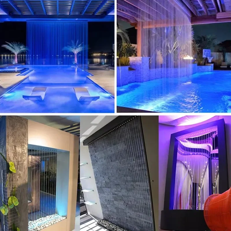 Cachoeiras artificiais coloridas, piscinas ao ar livre, jardins, lagos, fonte inoxidável, cortina de água, decoração de paisagem interna e externa