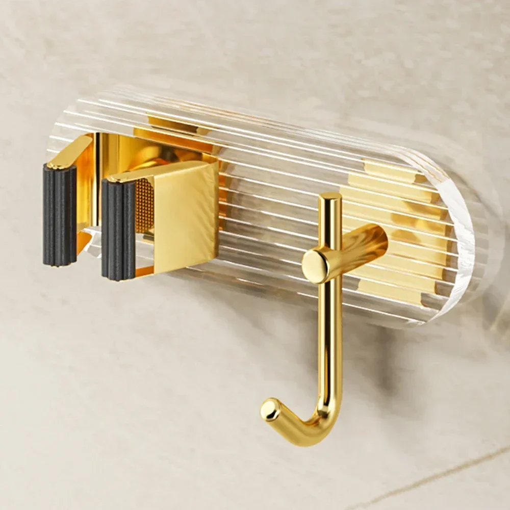 Bathroom Multi-functional Storage Hook Light Luxury Gold Broom Holder Clip Hook Without Punching Mop Broom Fixed Hanger Acrylic