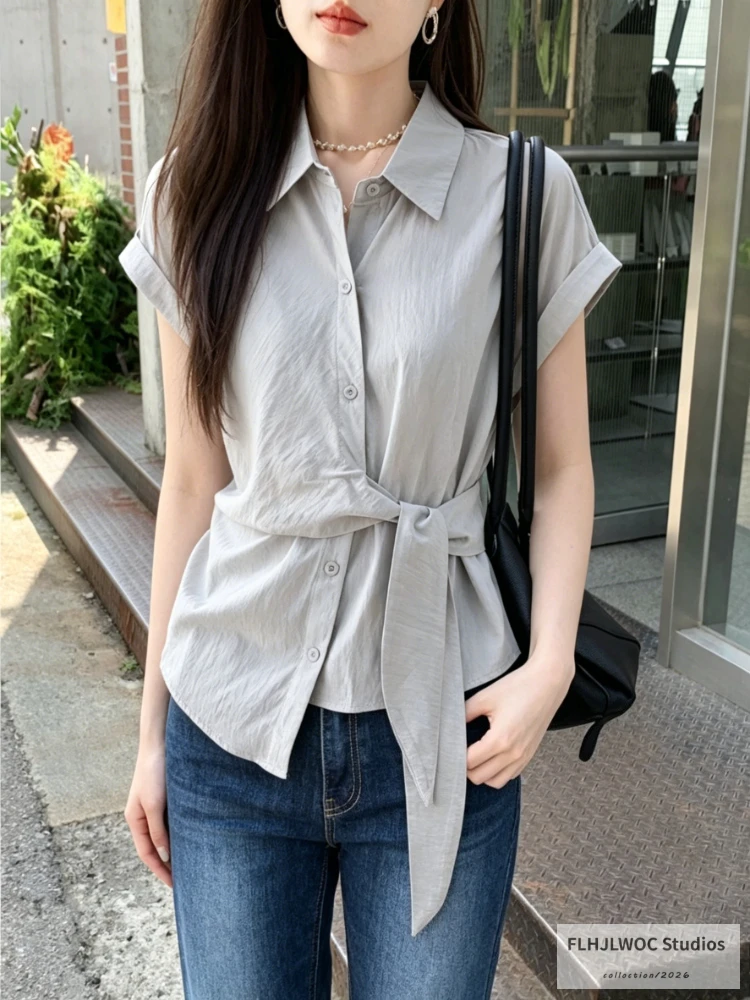 

FLHJLWOC Brand Women's Elegant Commute Shirt Light Gray Thin Design Long Sleeve Blouse Lace-Up Slim Waist Bow Tie Tops