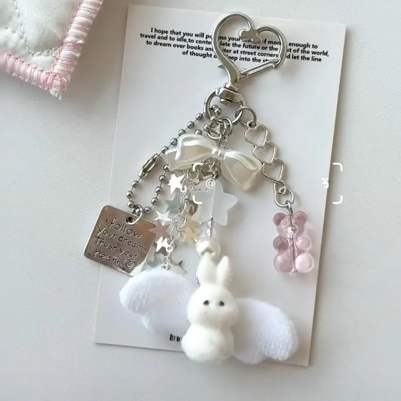 Niedlicher Engel-Häschen-Schlüsselanhänger, weicher Plüsch-Anhänger mit Schleife und Sternen-Charms, perfekt als tägliches Geschenk für Mädchen, Rucksack-Deko. – Detail 2