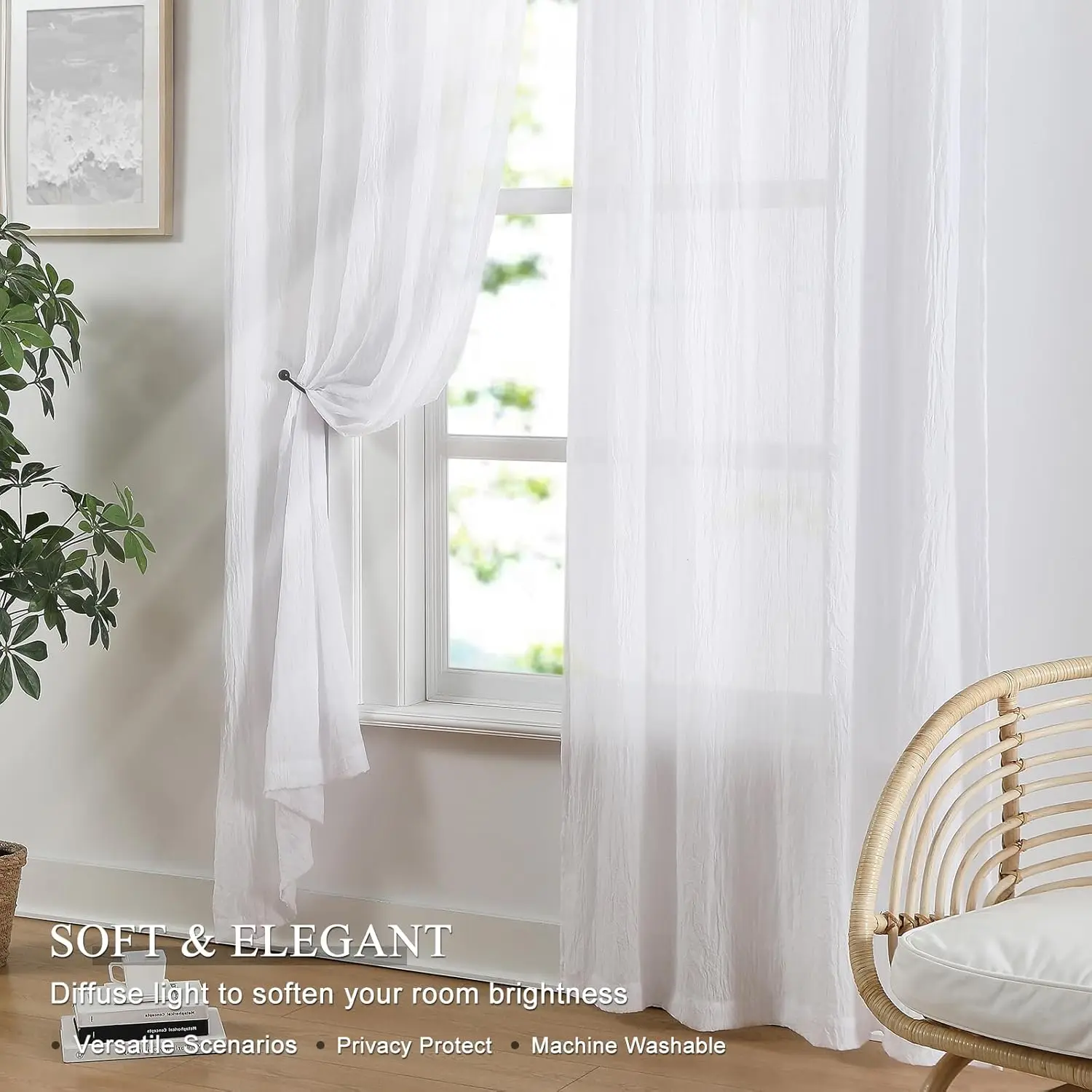 White Sheer Curtains Natural Cotton Linen Light Filtering Window Treatments for Bedroom Living Room 2 Panels