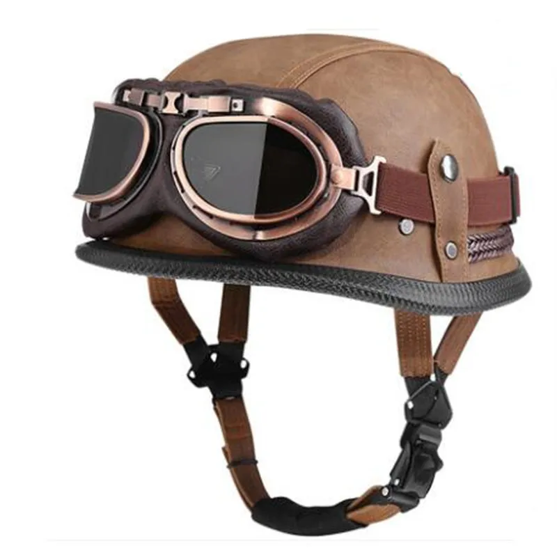 Brown Pu Leather Come With Goggles Motorcycle  Jet Vintage Helmet Open Face Retro 1/2 Half Casco Moto Capacete CE Ceryificate