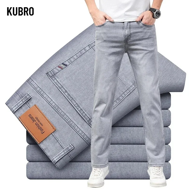 

Summer Elastic Men's Jeans Fashion Gray Comfortable Business Straight Stretch Cotton Casual Denim Pants Brand Male Thin Trousers