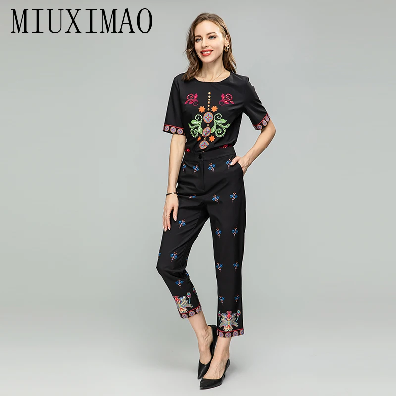 MIUXIMAO 2023 Fall Luxury Diamonds Sicily Elegant Set Flower Prints Top+ Slim Pants Fashion Two-piece Set Women