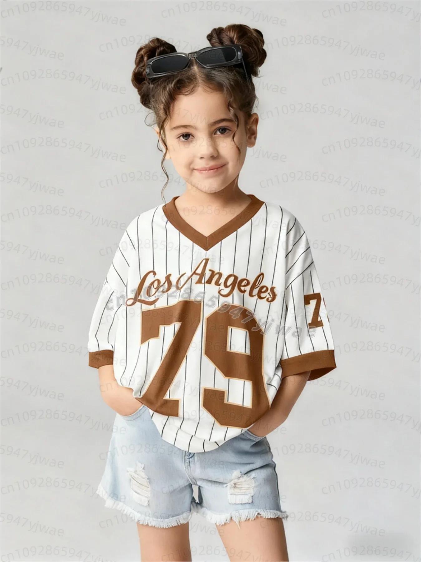 26 Mädchen Freizeit-Sportstil Los Angeles Nr. 79 Muster Farbblock-Print Kurzarm V-Ausschnitt Damen Kinder Erwachsene T-Shirt – Detail 13