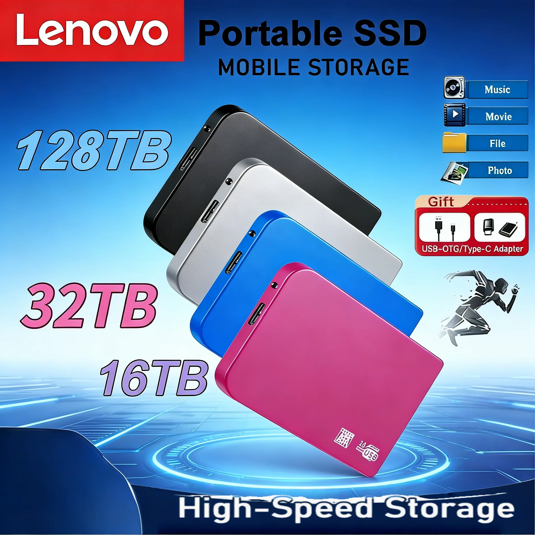 

Lenovo 128TB SSD Enclosure USB 3.0 High Speed External Hard Drive Case ABS HDD Box With USB3.0 Cable