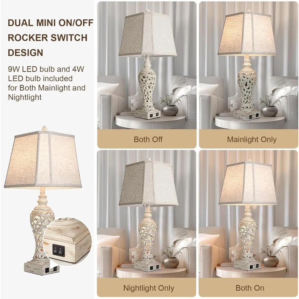 28.5" Table Lamps Set of 2 with Nightlight, USB C+A Ports, Linen Shades for Bedroom view 3