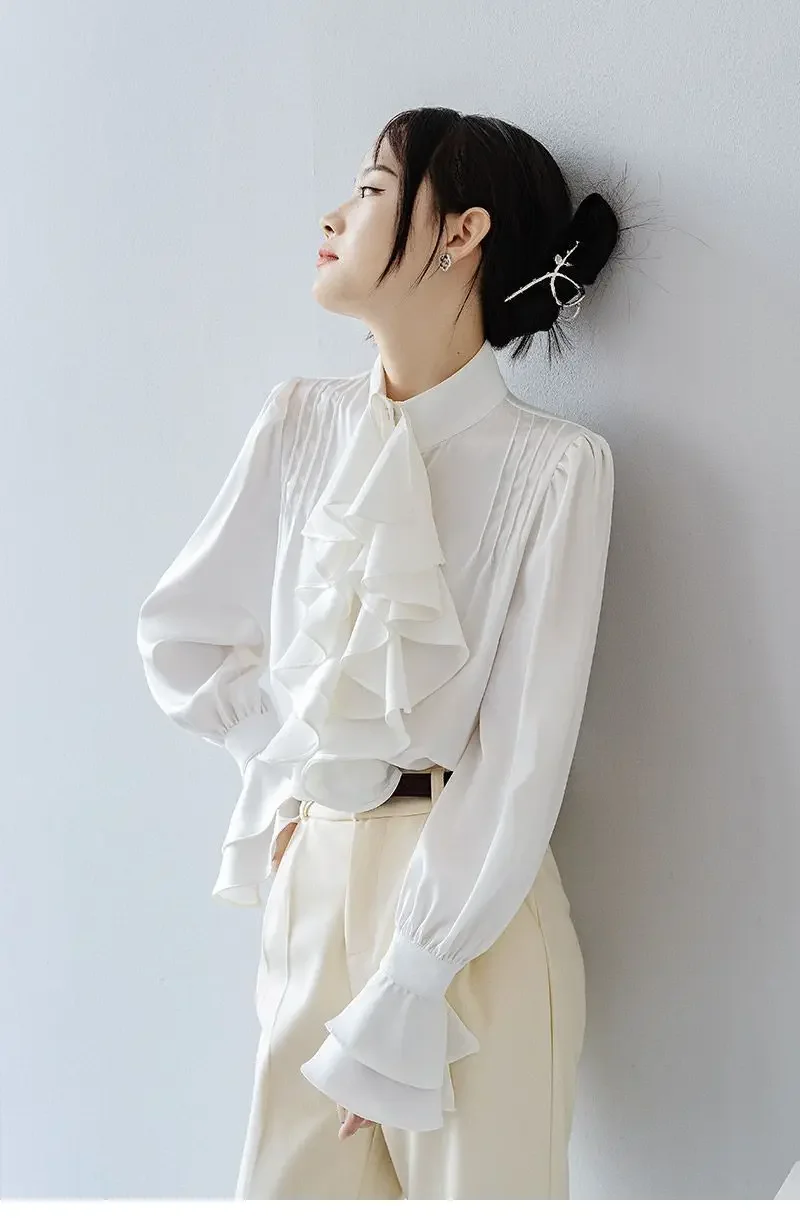 

Новинка весны, однобортная однобортная рубашка с воротником-стойкой и рукавами-пагодой, женская рубашка с длинными рукавами и оборками, 2025 г.