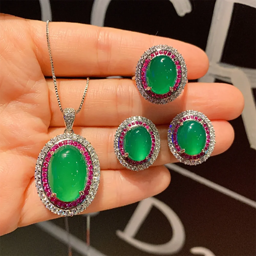 Emerald Jade Ring Earring Necklace Set for Women Cubic Zircon Temperament Birthday Gift Trendy Jewelry