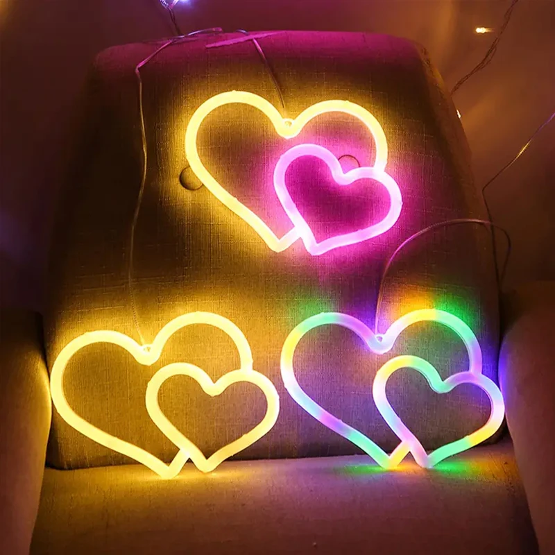 LED Neon Double Heart Shape Night Light Creative Bedroom Decoration Light, Double Sided Lighting Mini Colorful Light