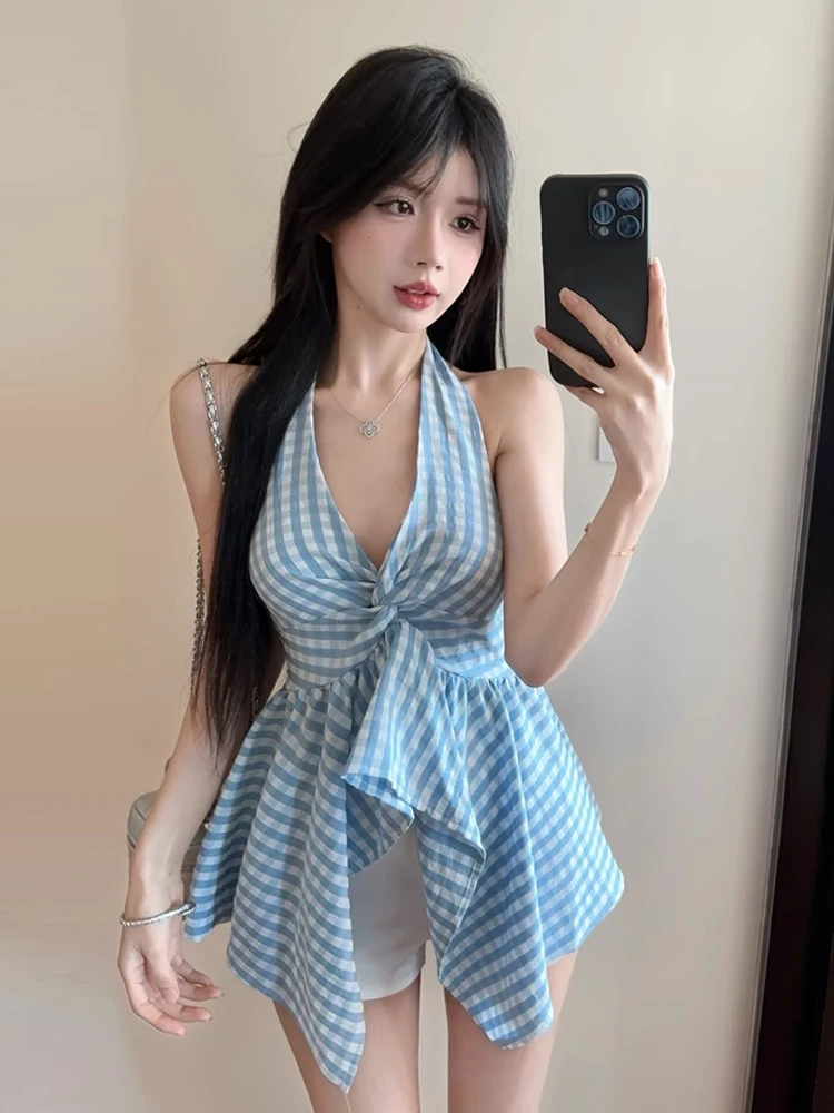 Sweet Retro Plaid Neck Hanging Vest Sexy Spicy Girl V-neck Waist Cinch Irregular Back Exposure Top Women's Fashion Summer Outfit