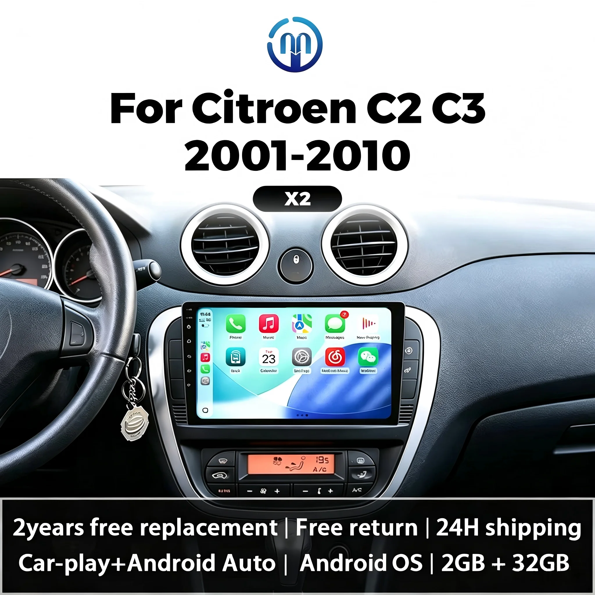 NAVIFLY＆MEKEDE 4-Kern-Autoradio mit Android-Betriebssystem für Citroen C2 C3 2001-2010 2Din Multimedia-Player Drahtloses Carplay Auto-GPS WIFI FM