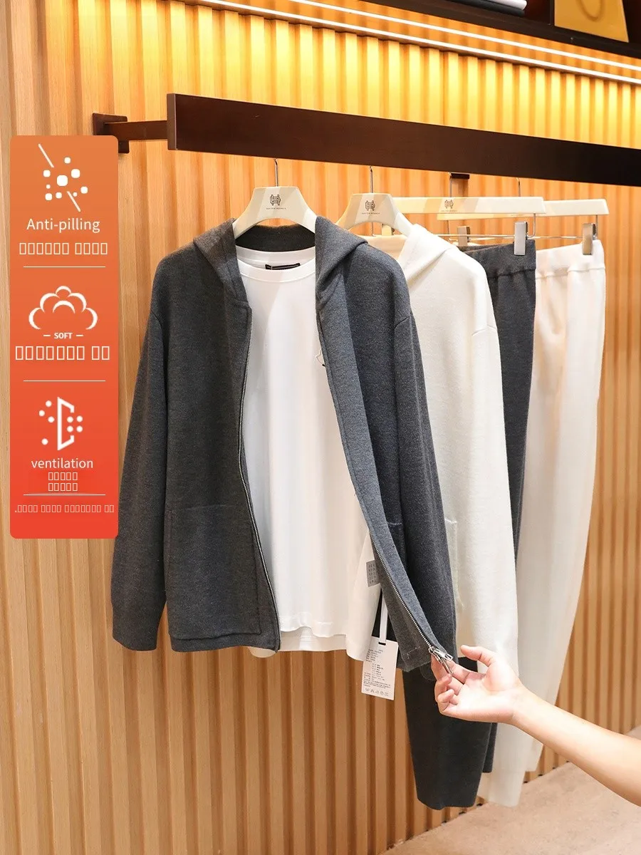 

Мужской комплект Briti класса люкс: шерстяные брюки и толстовка из смесового шелка, повседневный, удобный, прямой крой, длинные штаны, застежка-молния...