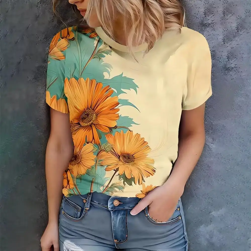 

Fresh And Natural Style Orange Blossom And Green Leaf Print T-shirt Y2K Street Style Casual Versatile Top Women's Fashion Item