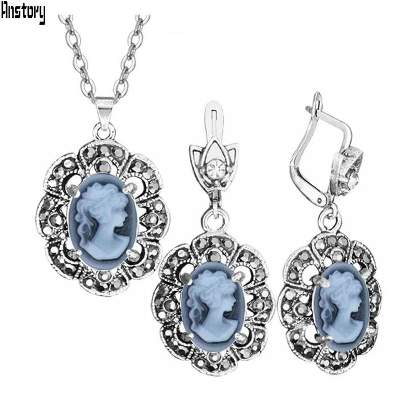 

Vintage Lady Queen Cameo Jewelry Sets Plumflower Pendant Rhinestone Fashion Jewelry TS431