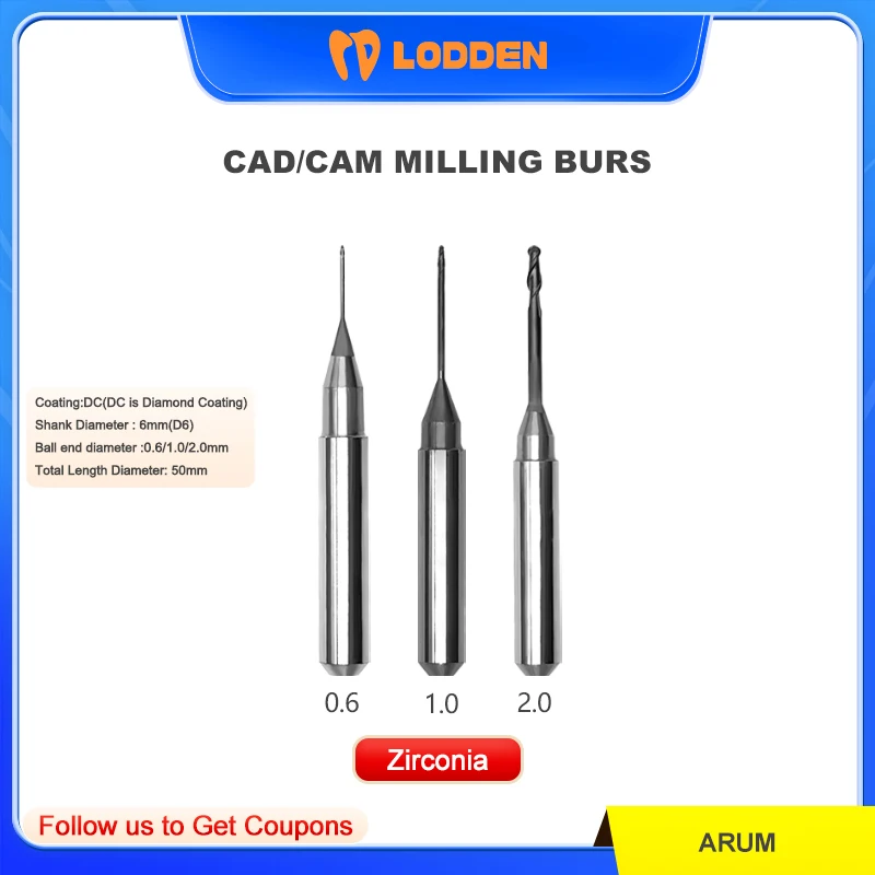 

LODDEN Dental Lab Grinding Zirconia Diamond Milling Burs Needle for ARUM Machines D6 DC Coating 0.6/1.0/2.0mm Precision Tools
