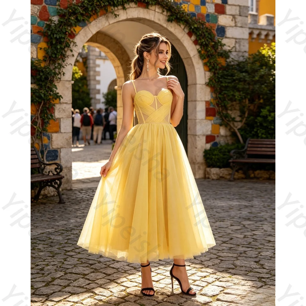 Customized Yellow Chiffon Sweetheart Camisole Mini Evening Gown Pleated Tight Fitting A-line Ball Dress Suitable for Parties