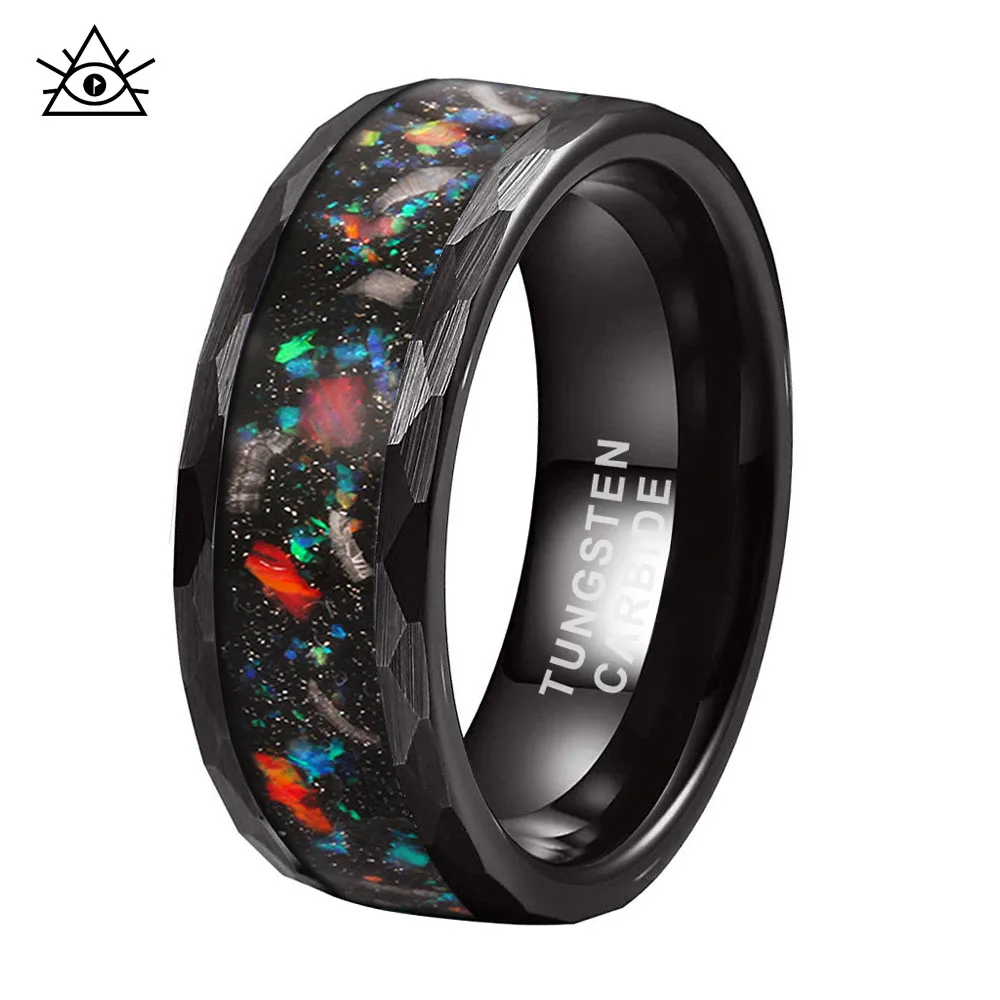 

Retro Hammered Black Ring Inlaid With Coloured Opal Tungsten Steel Rings For Men And Women