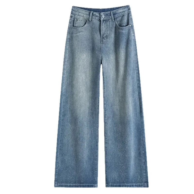 

2026 Spring New Star Rhinestone Denim Pants Women Retro High Waist Soft Loose Designer Wide Leg Casual Daily Fashion Outfit