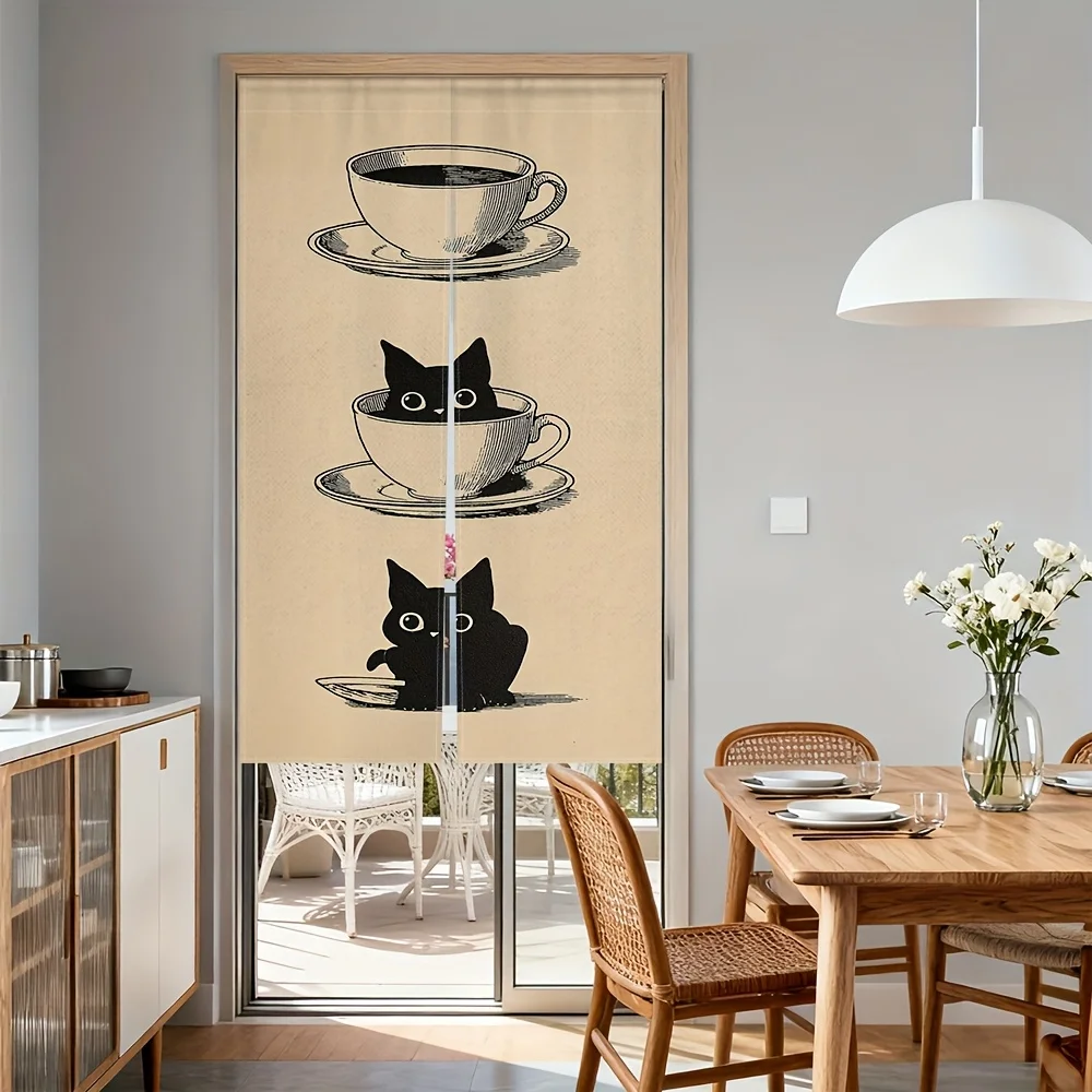 Cat in Cup Noren Curtains – Stack of Coffee Cups with Black Cats, Beige Background, for Bedroom or Living Room Decor