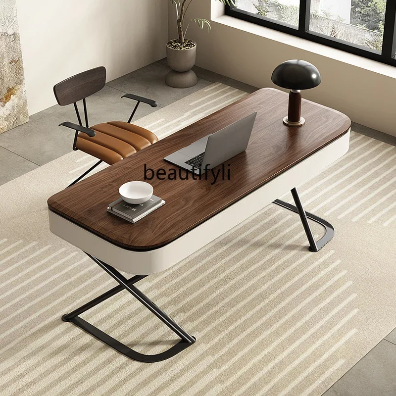 Simple Modern Desk Home Study and Bedroom Writing Desk Saddle Leather Solid Wood Desk Veneer of Juglans Regia