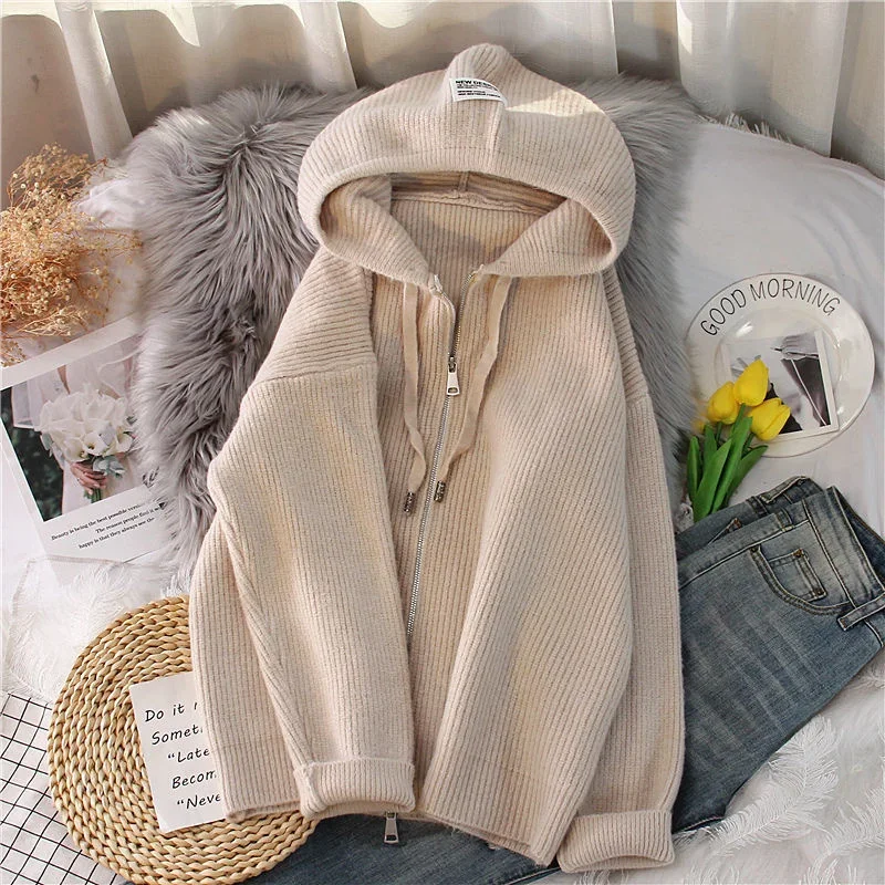 2024 Autumn Winter New Chunky Solid Color Hooded Knitted Cardigan Zipper Coat Sweater Women's Loose Top Thickened