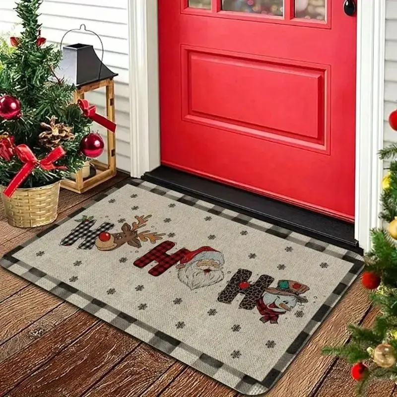 VIKAMA Christmas Welcome Mat Plaid Letters JOY Reindeer Santa Snowman Buffalo Check Rug Soft Happy New Year Home Decor