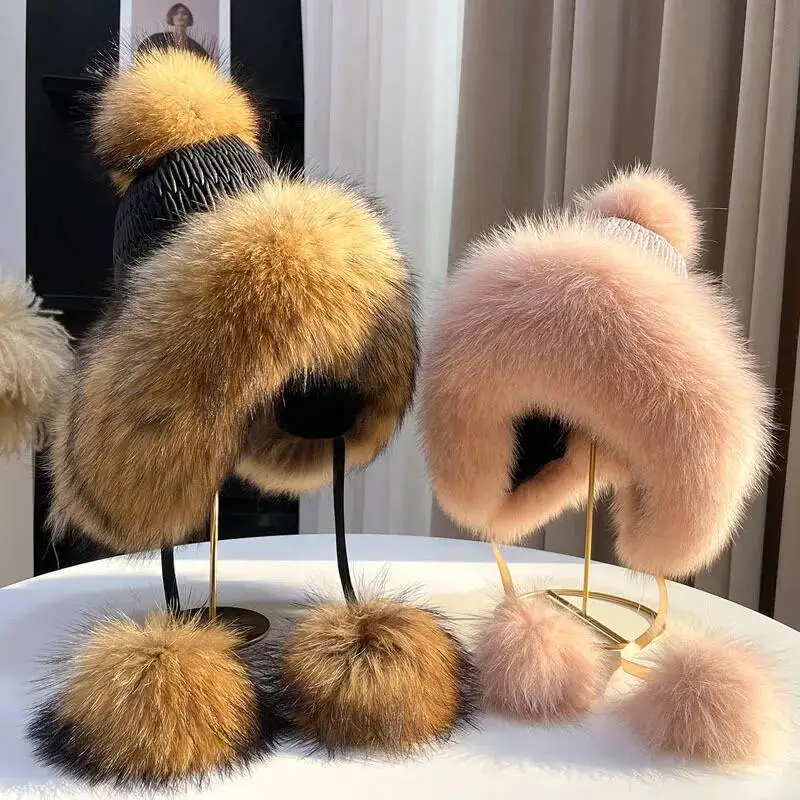 Real Fox Fur Hat Winter Fashion Fur Hat Lovely Plush Ball Ear Protection Cap Natural Fur Hat Thickened  And Warm Black Fur Caps