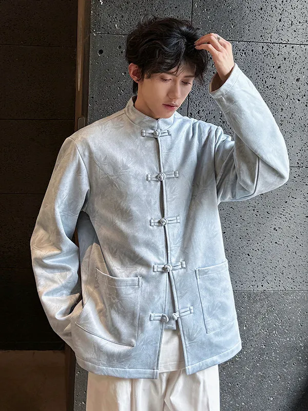 

Мужская куртка Ханьфу на осень-зиму, с воротником-стойкой, на пуговицах, из замши, в ретро-стиле, в стиле династии Тан, для дзен-медитаций, свободного кроя, повседневная одежда