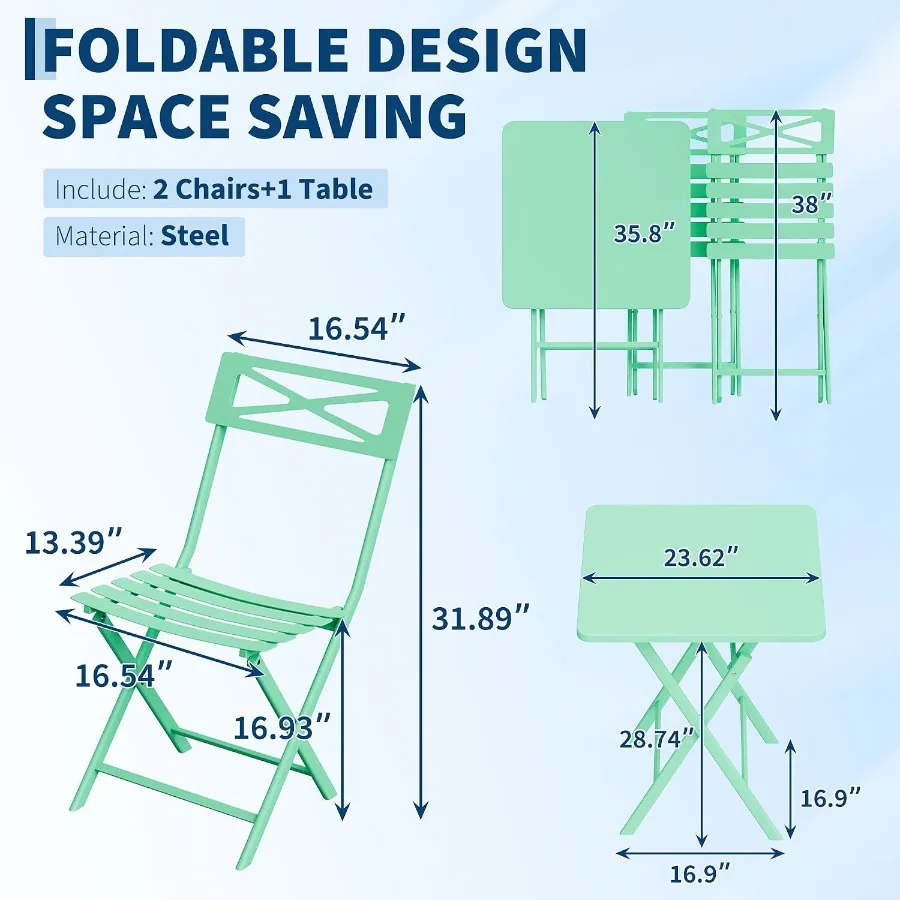 3 Pcs Outdoor Folding Bistro Set, Weather Resistant Steel Frame with Table and 2 Collapsible Chairs, Compact, Durable, Easy Sto