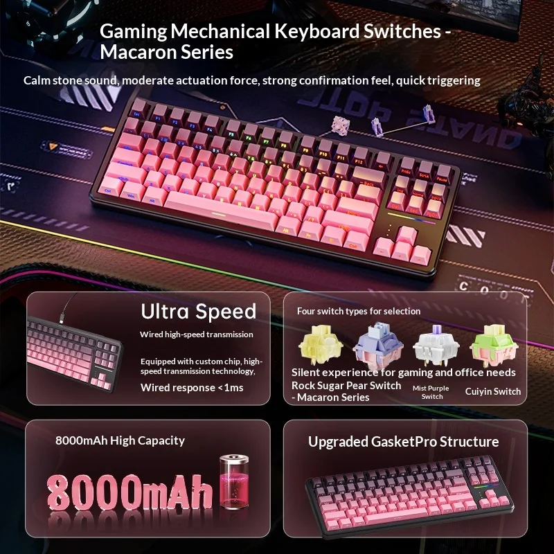 Langtu T88 لوحة مفاتيح ميكانيكية مخصصة للرياضات الإلكترونية مع ثلاثة أوضاع Rgb Ultra Silent Side Carving Gaming Office لوحة مفاتيح لاسلكية #3