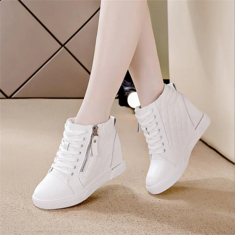 7cm Leather Microfiber Casual Platform Wedge Sneakers Women Shoes Hiden Heel Pumps Boots Women Spring Autumn White Black Shoes