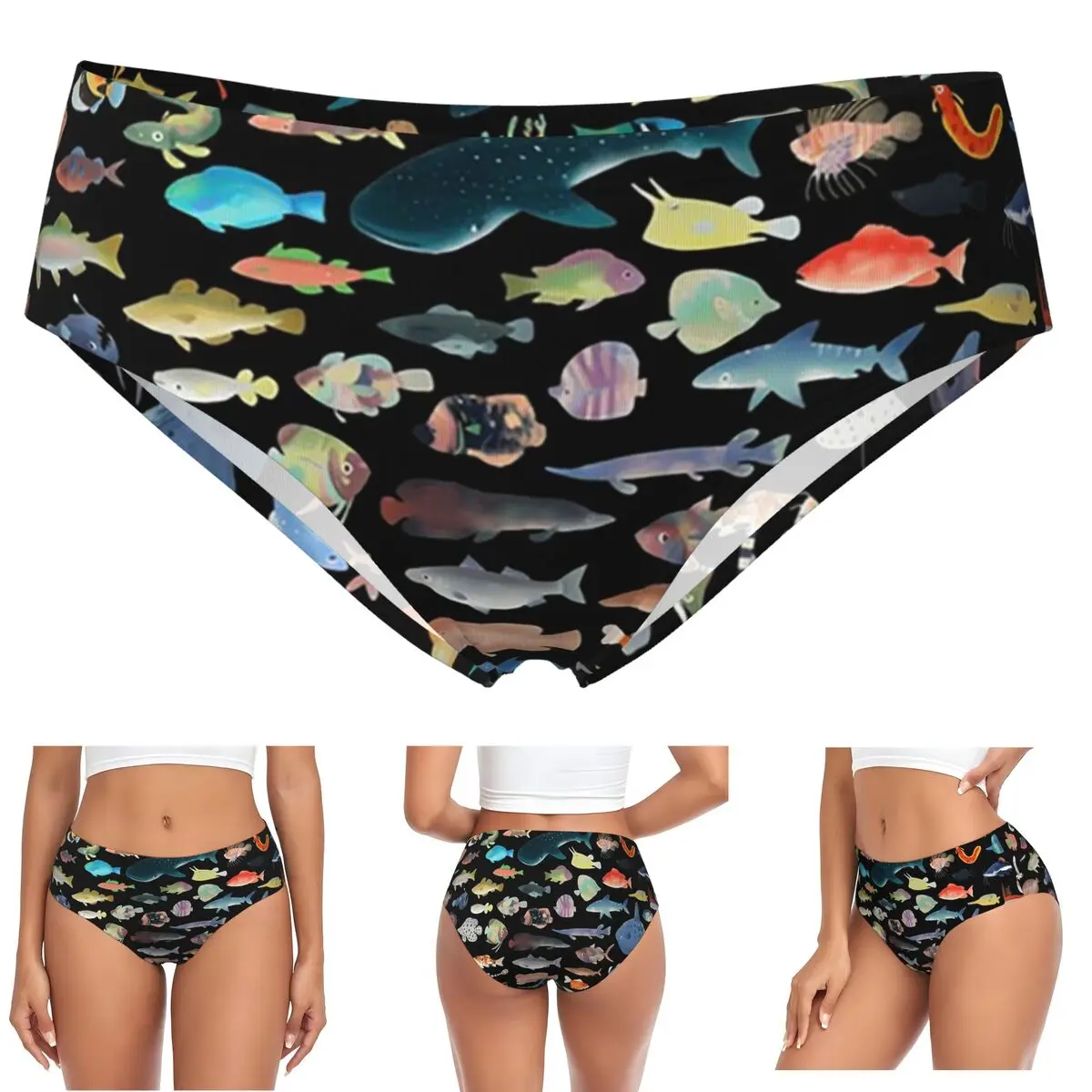 Custom One Hundred Fish Ocean Life Scuba Diving Panties Briefs Women's Comfort Briefs Underwear Breathable Female Underpants