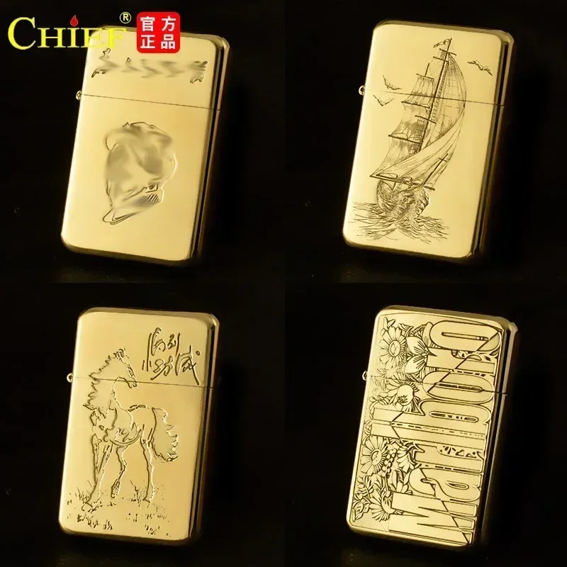 

2025 Exquisite Brass Kero sene Lighter Slim Windproof Vintage Grinding Wheel Ignition Lighter Cigarette Accessories Men's Gift