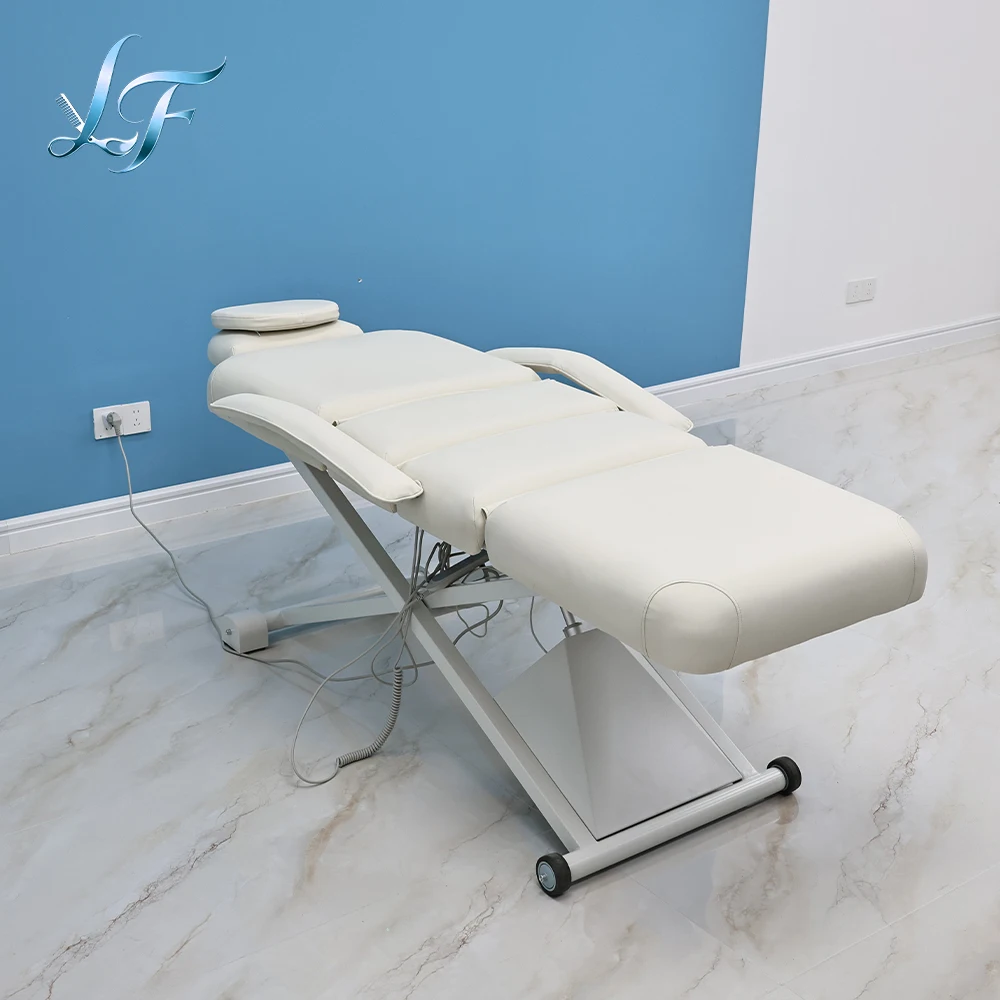 Height Adjustable Scissor Lift Beauty Couch Reclining Back Leg Support Detachable Head Pillow For Salon