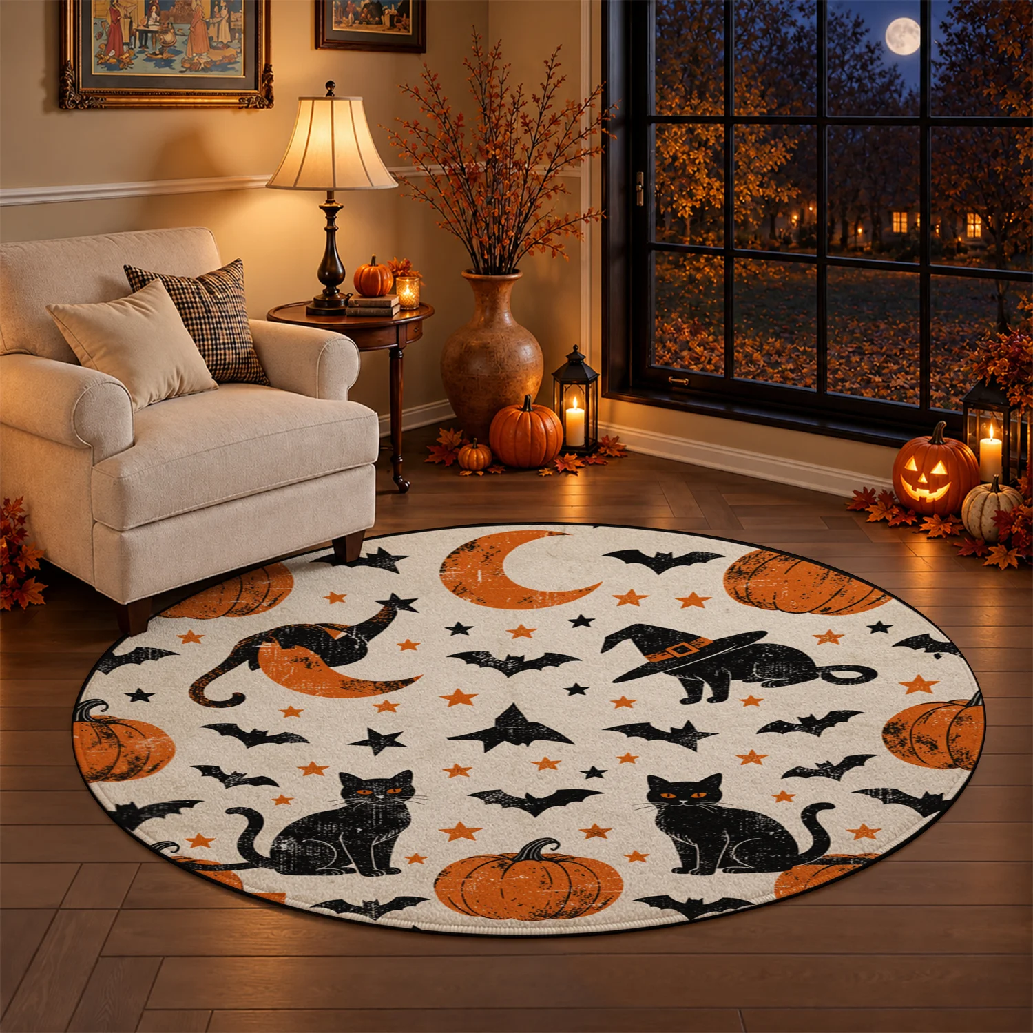 Halloween Themed Black Cat Pumpkin Bat Pattern Round Velvet Rug, Machine Washable Soft Floor Mat for Living Room, Bedroom, Entryway, Ideal for Halloween, Thanksgiving, Christmas, New Year, Black Friday Decor
