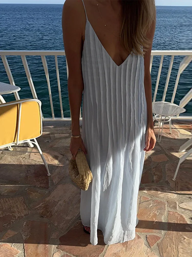 

Sexy Deep V Ruffle Sling Dress For Women Casual Baggy Sleeveless Backless Solid Maxi Robe 2025 Summer Lady Vacation Beachwear