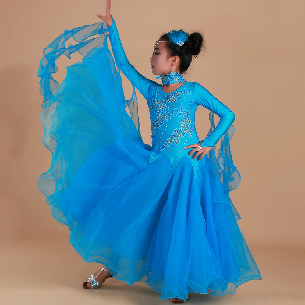 Competition Children's Dance Dress Standard Long Sleeve Purple Prom Girls Dress Yellow Modern Waltz dress Ribbon