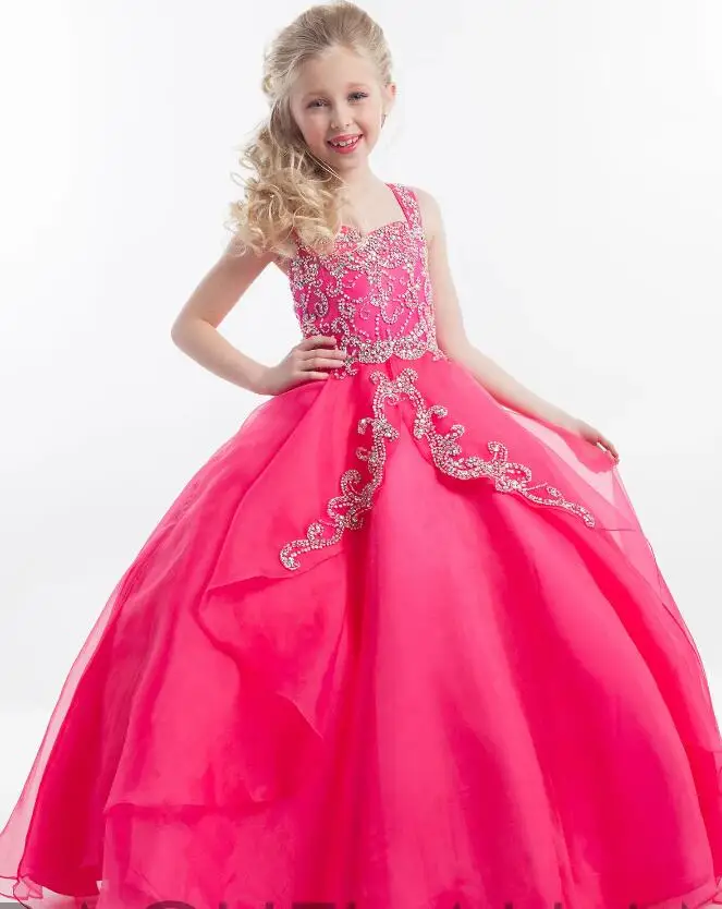 

Hot Pink Beads Pageant Dress Ball Gown Princess Luxury Crystal Organza Spaghetti Strap Floor Length Long Flower Girl Dress Prom