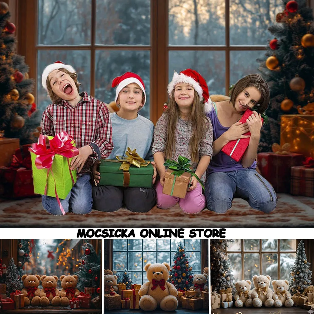 

Mocsicka Winter Christmas Bear Backdrop for Photography Xmas Tree Gift Box Window Snow Baby Children Photo Background Photoshoot