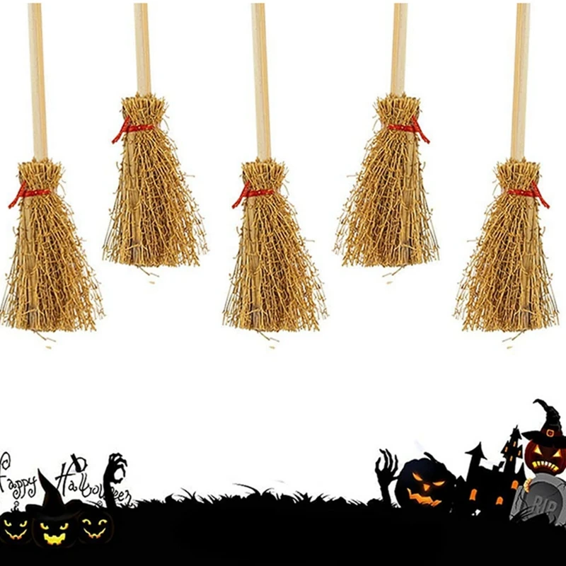 10pcs New Portable Desk Mini Broom Straw Hanging Witches Miniature Prop Brooms Craft Broomstick Small Toys for Halloween Party