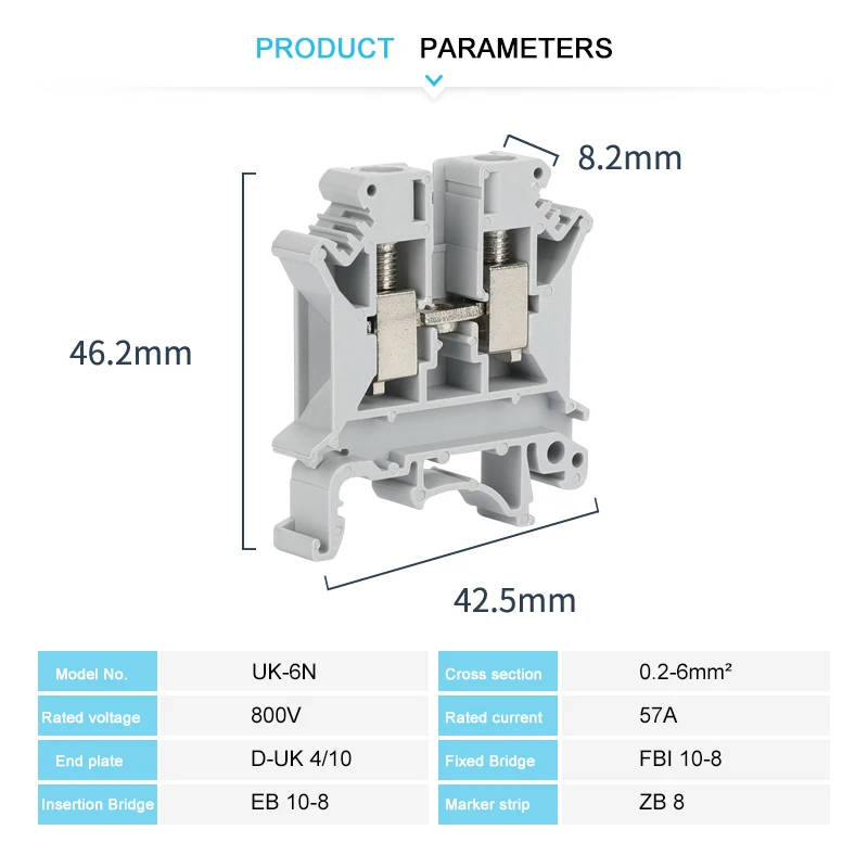 10Pcs UK 6N Screw Feed-through Wire Connector UK 6 mm² Universal Plug Multi-Color Electrical DIN Rail Terminal Block UK6N