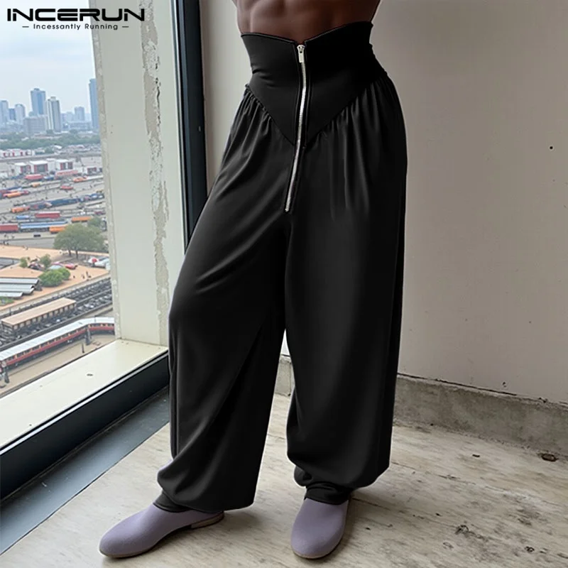 

INCERUN Men Pants Patchwork High Waist Joggers Oversize Casual Trousers Men Streetwear 2025 Zipper Fashion Long Pants Pantalones
