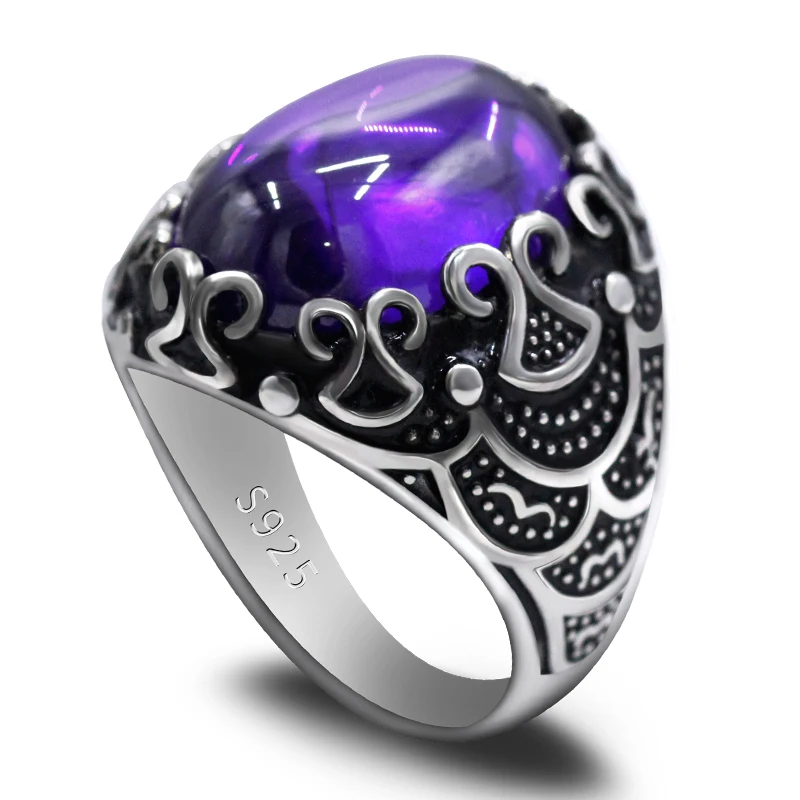 خاتم مصنوع يدويًا من الفضة الإسترليني للرجال والنساء ، مجوهرات عتيقة ، حفلة عيد الميلاد ، هدية الذكرى السنوية ، زركون أرجواني AAA #2