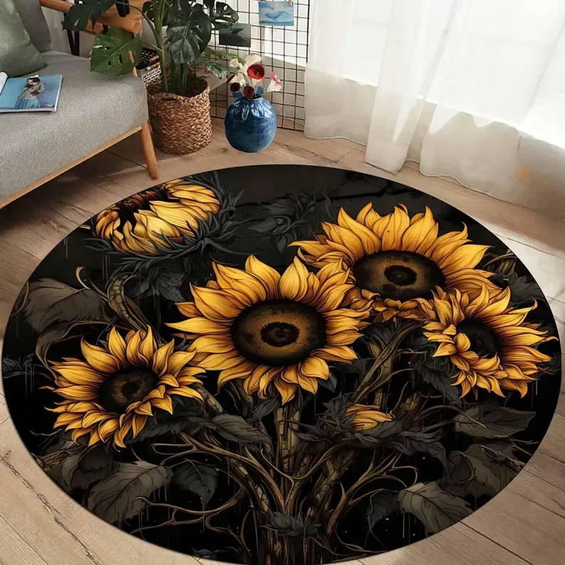 Golden Sun Garden Rug Yellow Green Round Carpet with Floral Sun Design Boho Celestial Rug for Artistic Joyful Home Decoration